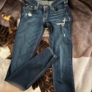 HOLLISTER DISTRESSED JEANS SIZE 1 R  DARK BLUE SKINNY STRETCH JEANS